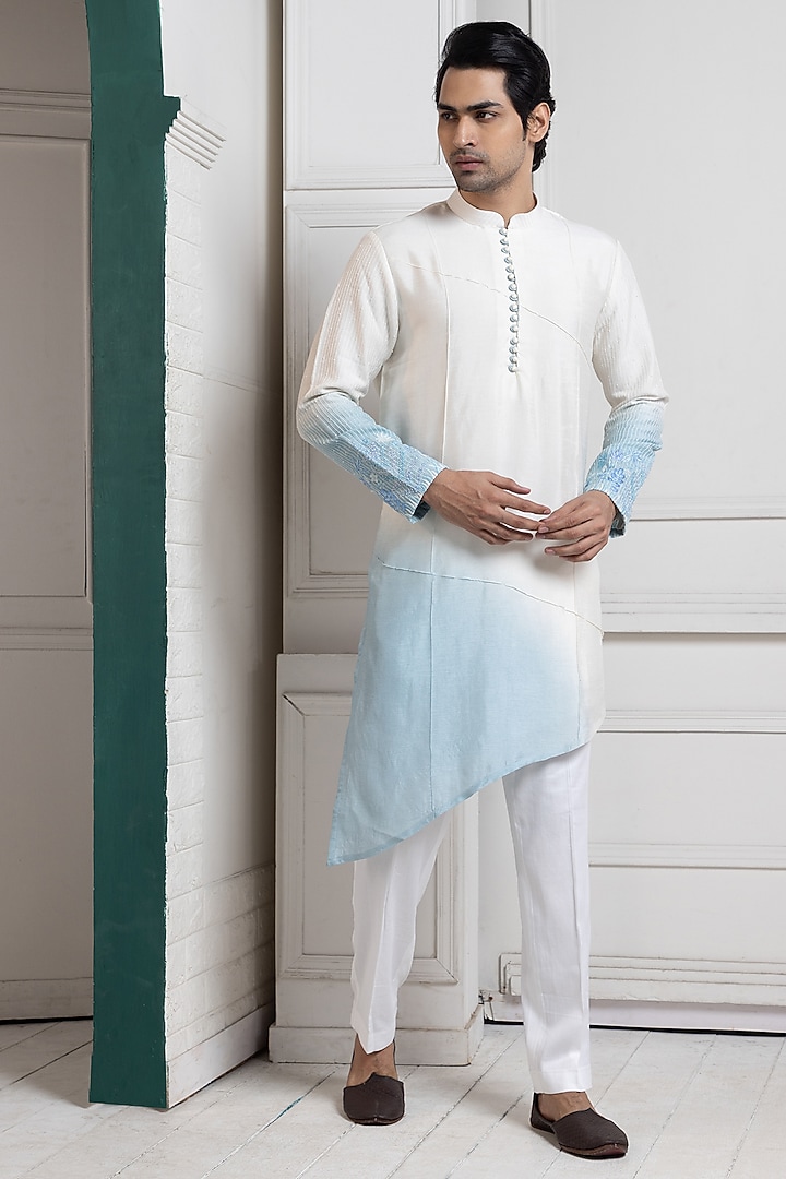 Ivory & Sky Blue Linen Satin Floral Embroidered Ombre Nehru Jacket Set by Smriti by Anju Agarwal Men at Pernia's Pop Up Shop