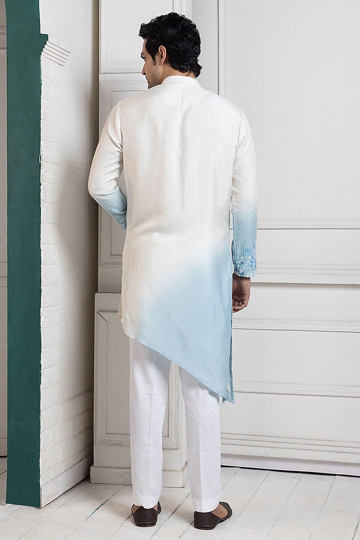 Ivory & Sky Blue Linen Satin Floral Embroidered Ombre Nehru Jacket Set by Smriti by Anju Agarwal Men at Pernia's Pop Up Shop