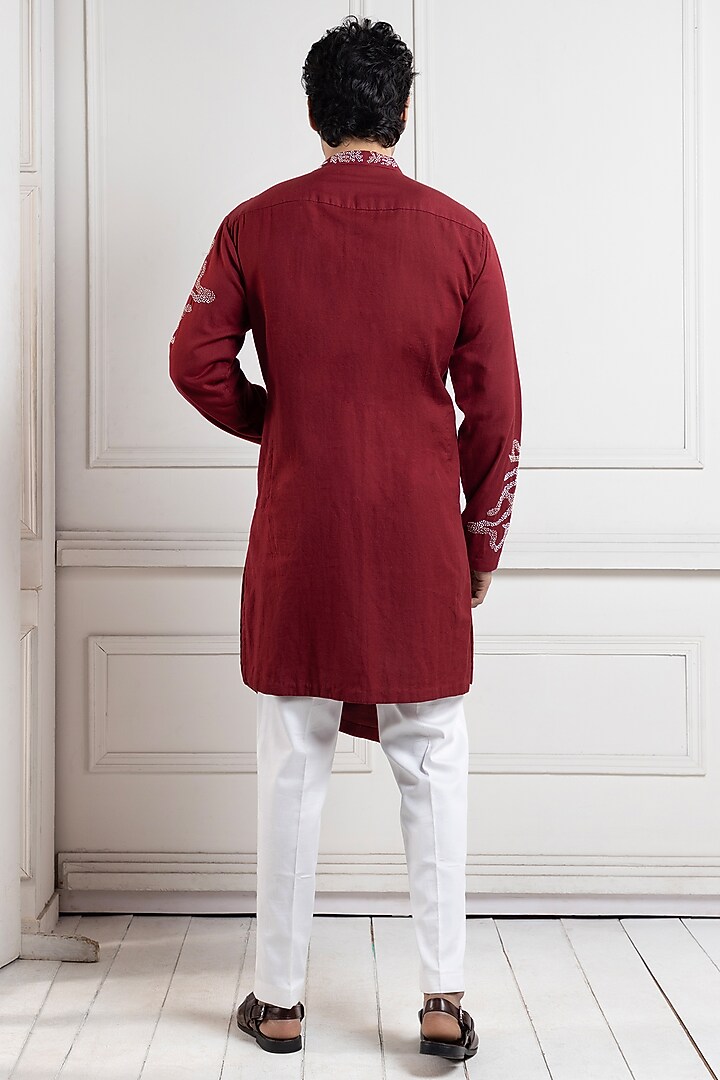 Red Cotton Khadi Hand Embroidered Kurta Set by Smriti by Anju Agarwal Men at Pernia's Pop Up Shop