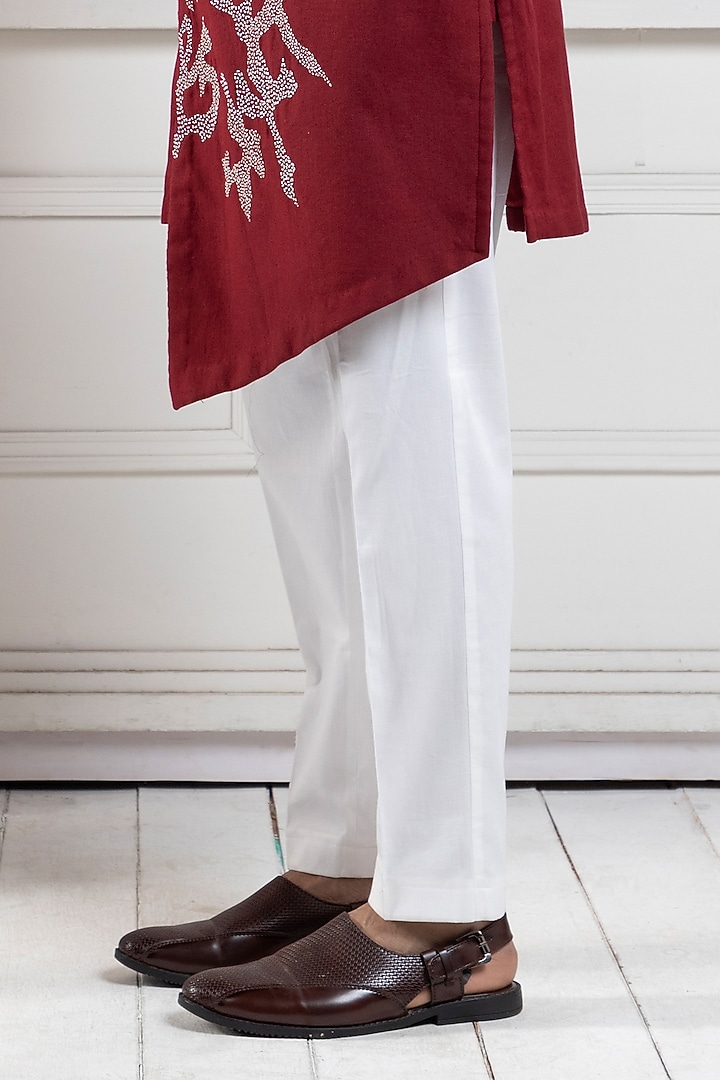 Red Cotton Khadi Hand Embroidered Kurta Set by Smriti by Anju Agarwal Men at Pernia's Pop Up Shop