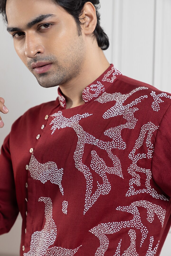 Red Cotton Khadi Hand Embroidered Kurta Set by Smriti by Anju Agarwal Men at Pernia's Pop Up Shop
