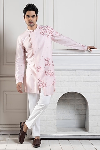 Blush Pink Chanderi Mirror Embroidered Kurta Set by Smriti by Anju Agarwal Men