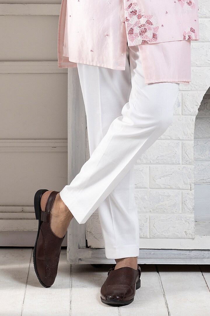Blush Pink Chanderi Mirror Embroidered Kurta Set by Smriti by Anju Agarwal Men at Pernia's Pop Up Shop