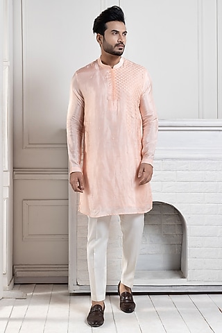 Peach Silk Bead Embroidered Kurta Set by Smriti by Anju Agarwal Men