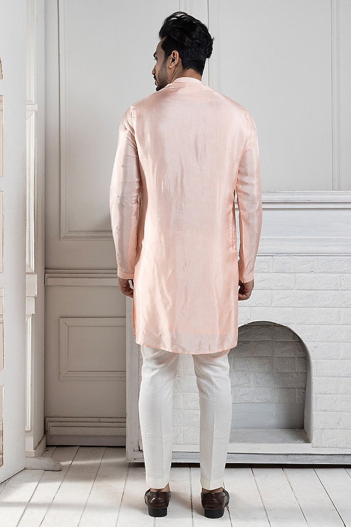 Peach Silk Bead Embroidered Kurta Set by Smriti by Anju Agarwal Men at Pernia's Pop Up Shop