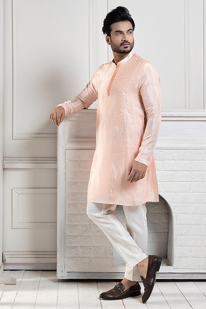 Peach Silk Bead Embroidered Kurta Set by Smriti by Anju Agarwal Men at Pernia's Pop Up Shop