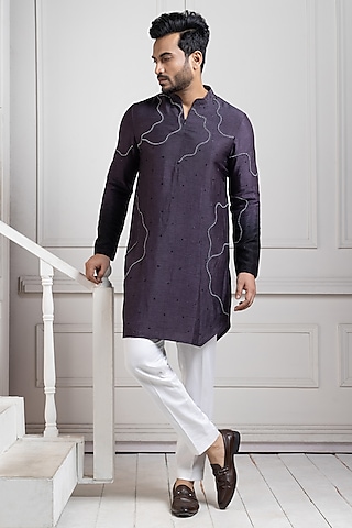 Navy Bam Silk Bead Embroidered Asymmetrical Kurta Set by Smriti by Anju Agarwal Men