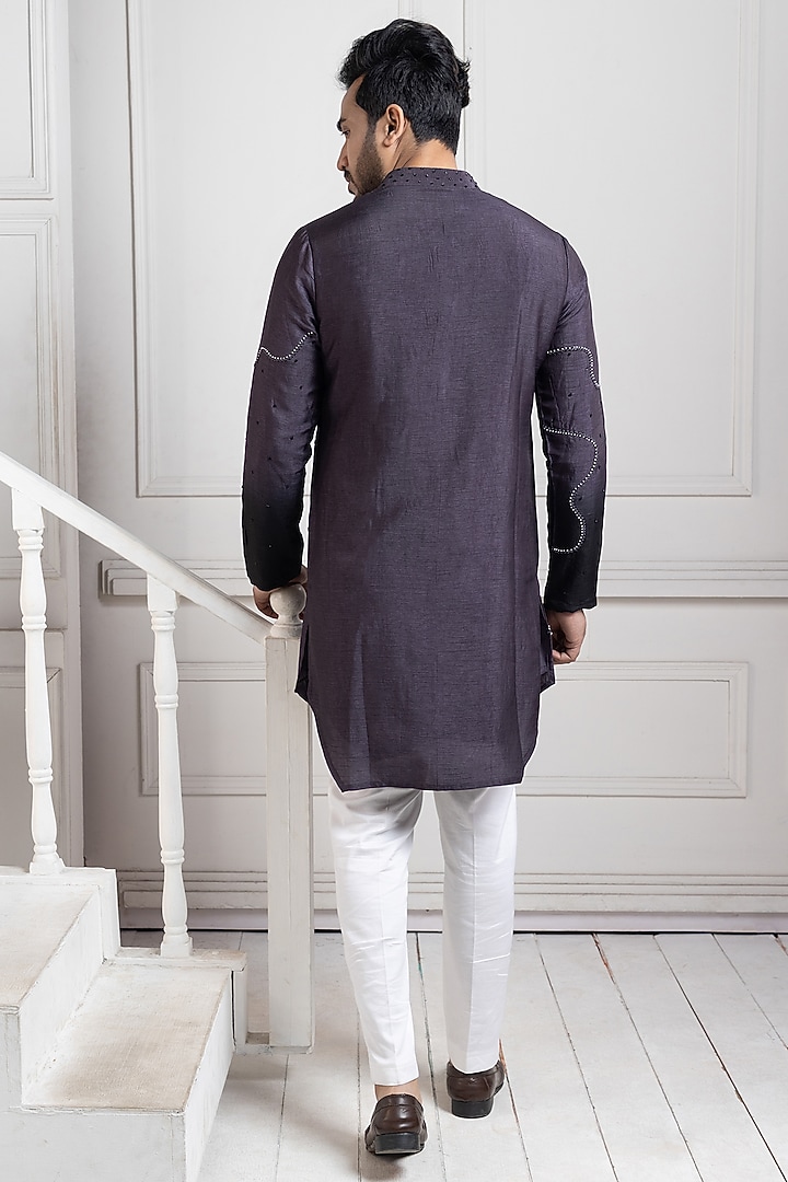 Navy Bam Silk Bead Embroidered Asymmetrical Kurta Set by Smriti by Anju Agarwal Men at Pernia's Pop Up Shop
