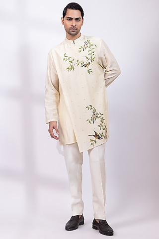Butter Scotch Chanderi Silk Handpainted Kurta Set by Smriti By Anju Agarwal Men