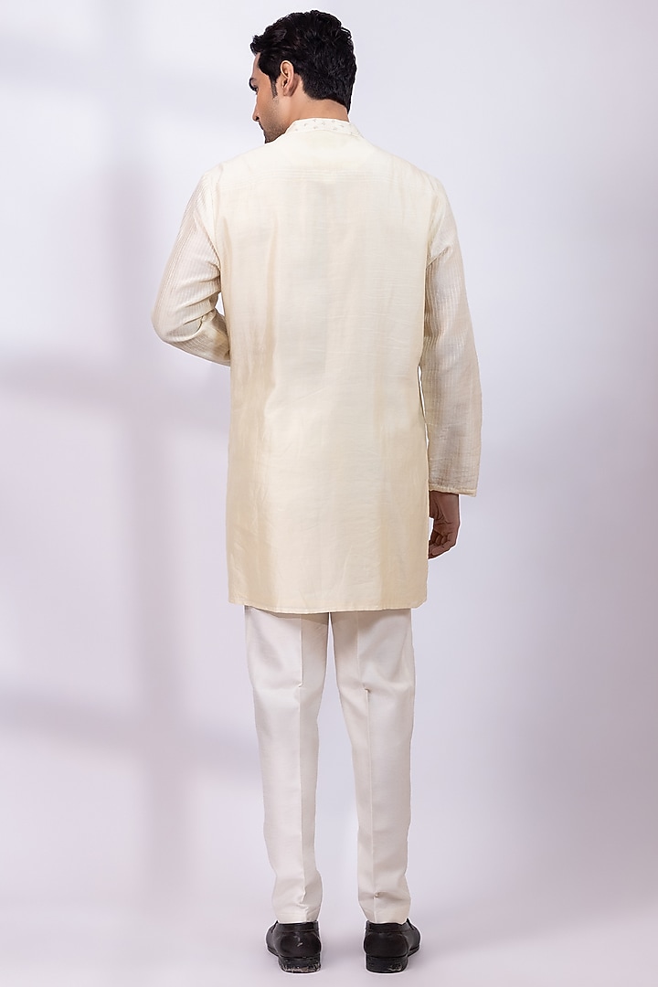 Butter Scotch Chanderi Silk Handpainted Kurta Set by Smriti By Anju Agarwal Men at Pernia's Pop Up Shop