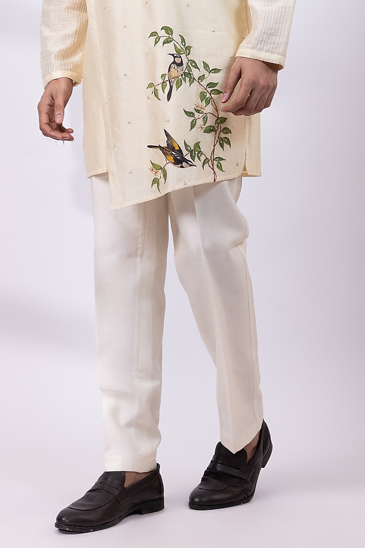 Butter Scotch Chanderi Silk Handpainted Kurta Set by Smriti By Anju Agarwal Men at Pernia's Pop Up Shop