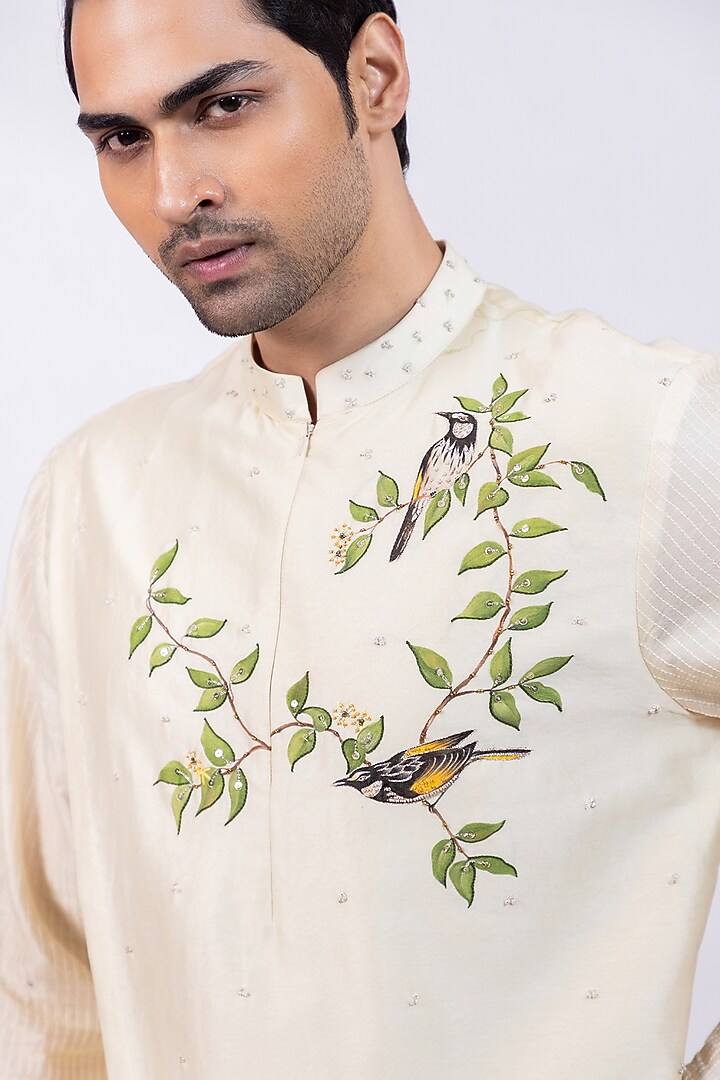 Butter Scotch Chanderi Silk Handpainted Kurta Set by Smriti By Anju Agarwal Men at Pernia's Pop Up Shop