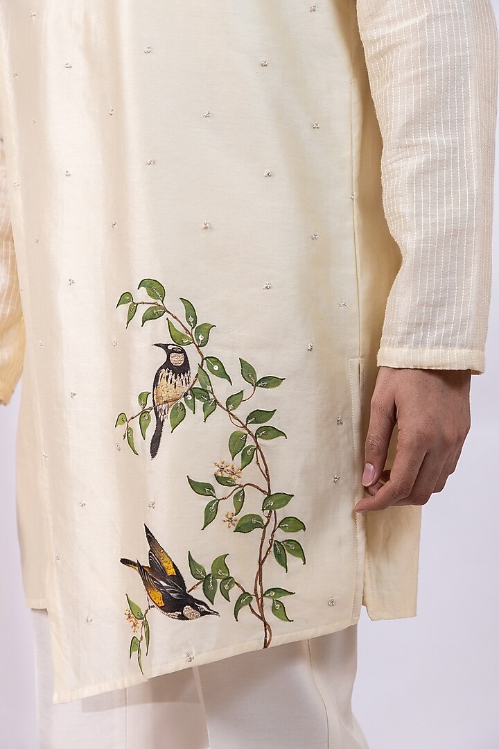 Butter Scotch Chanderi Silk Handpainted Kurta Set by Smriti By Anju Agarwal Men at Pernia's Pop Up Shop