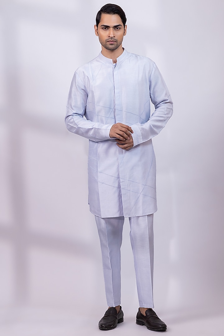 Powder Blue Silk Kurta Set by Smriti By Anju Agarwal Men at Pernia's Pop Up Shop