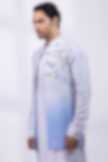 Powder Blue Silk Foliage Artwork Nehru Jacket by Smriti By Anju Agarwal Men at Pernia's Pop Up Shop