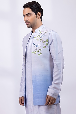 Powder Blue Silk Foliage Artwork Nehru Jacket by Smriti By Anju Agarwal Men