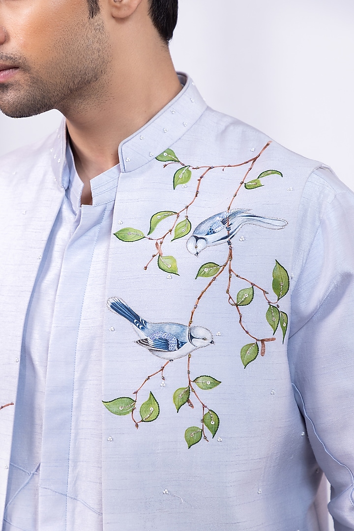 Powder Blue Silk Foliage Artwork Nehru Jacket by Smriti By Anju Agarwal Men at Pernia's Pop Up Shop