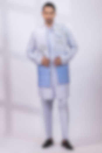 Powder Blue Silk Foliage Artwork Nehru Jacket Set by Smriti By Anju Agarwal Men at Pernia's Pop Up Shop