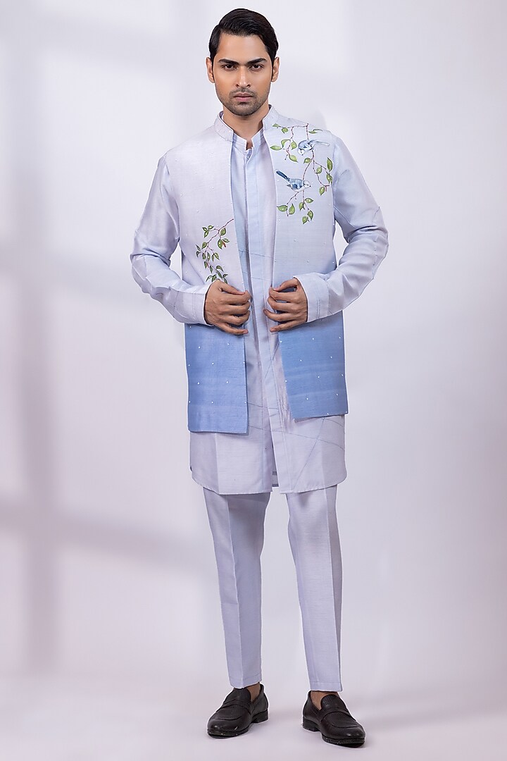 Powder Blue Silk Foliage Artwork Nehru Jacket Set by Smriti By Anju Agarwal Men at Pernia's Pop Up Shop