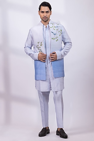 Powder Blue Silk Foliage Artwork Nehru Jacket Set by Smriti By Anju Agarwal Men