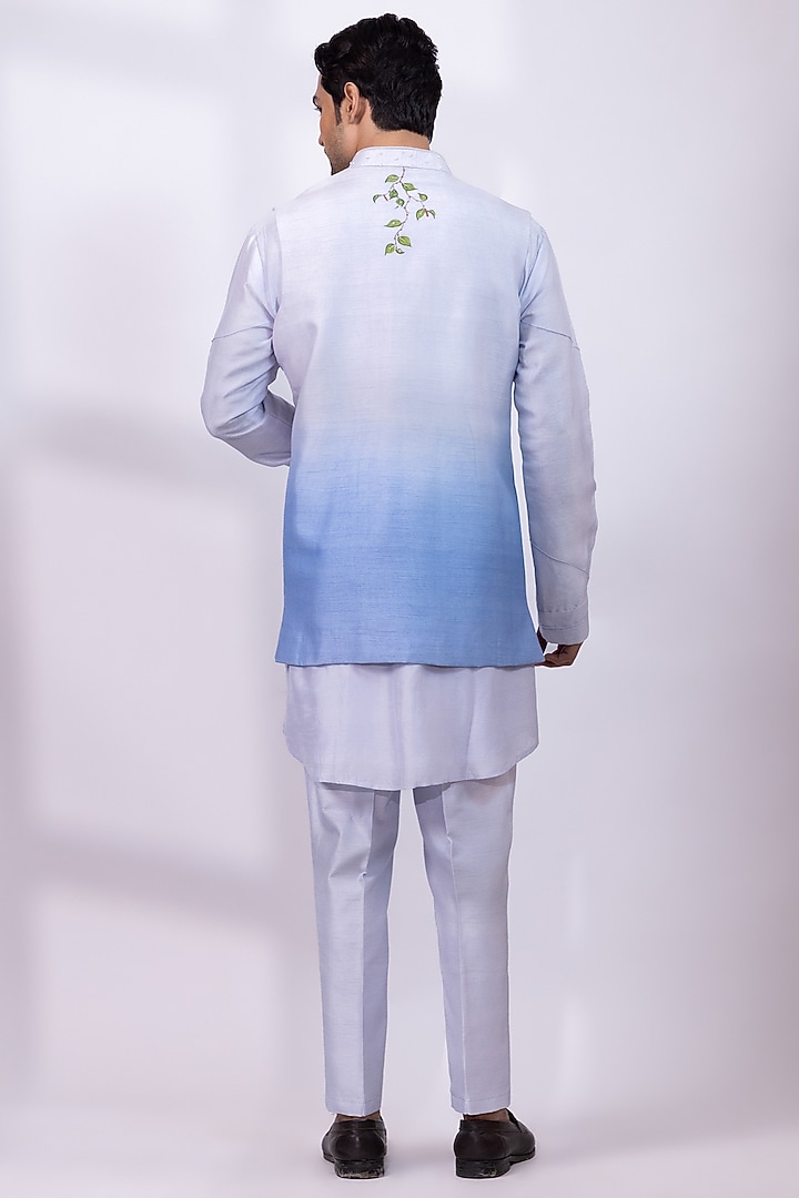 Powder Blue Silk Foliage Artwork Nehru Jacket Set by Smriti By Anju Agarwal Men at Pernia's Pop Up Shop