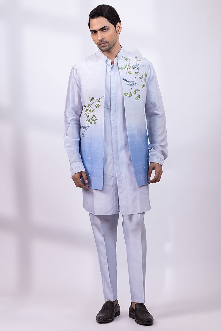 Powder Blue Silk Foliage Artwork Nehru Jacket Set by Smriti By Anju Agarwal Men at Pernia's Pop Up Shop