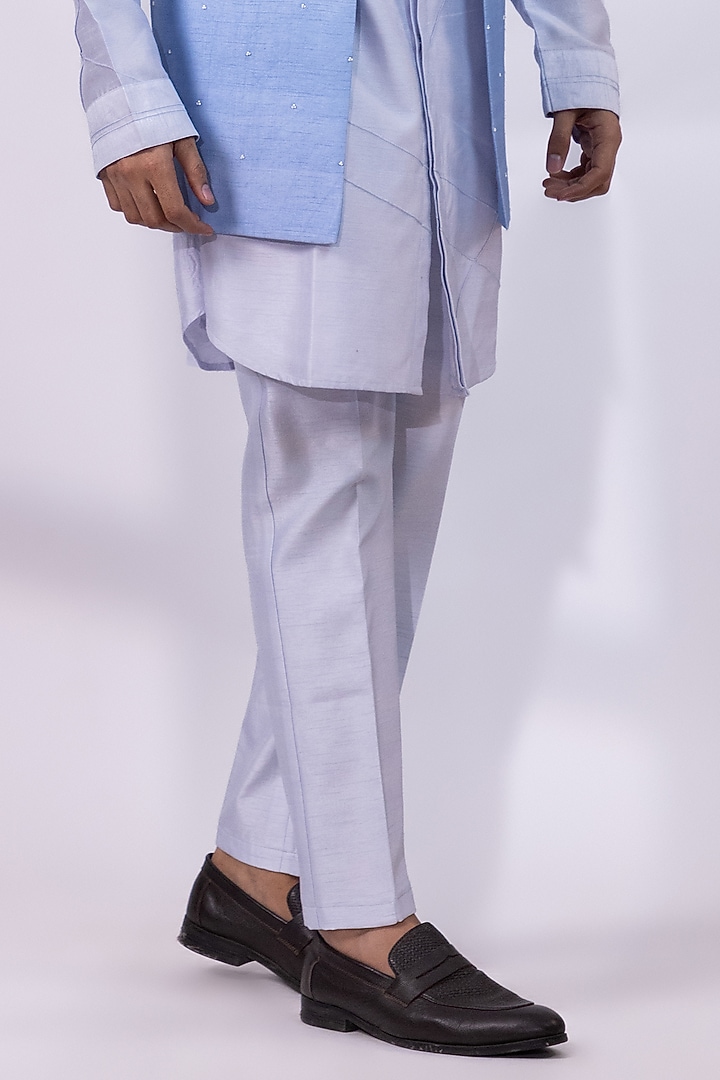 Powder Blue Silk Foliage Artwork Nehru Jacket Set by Smriti By Anju Agarwal Men at Pernia's Pop Up Shop