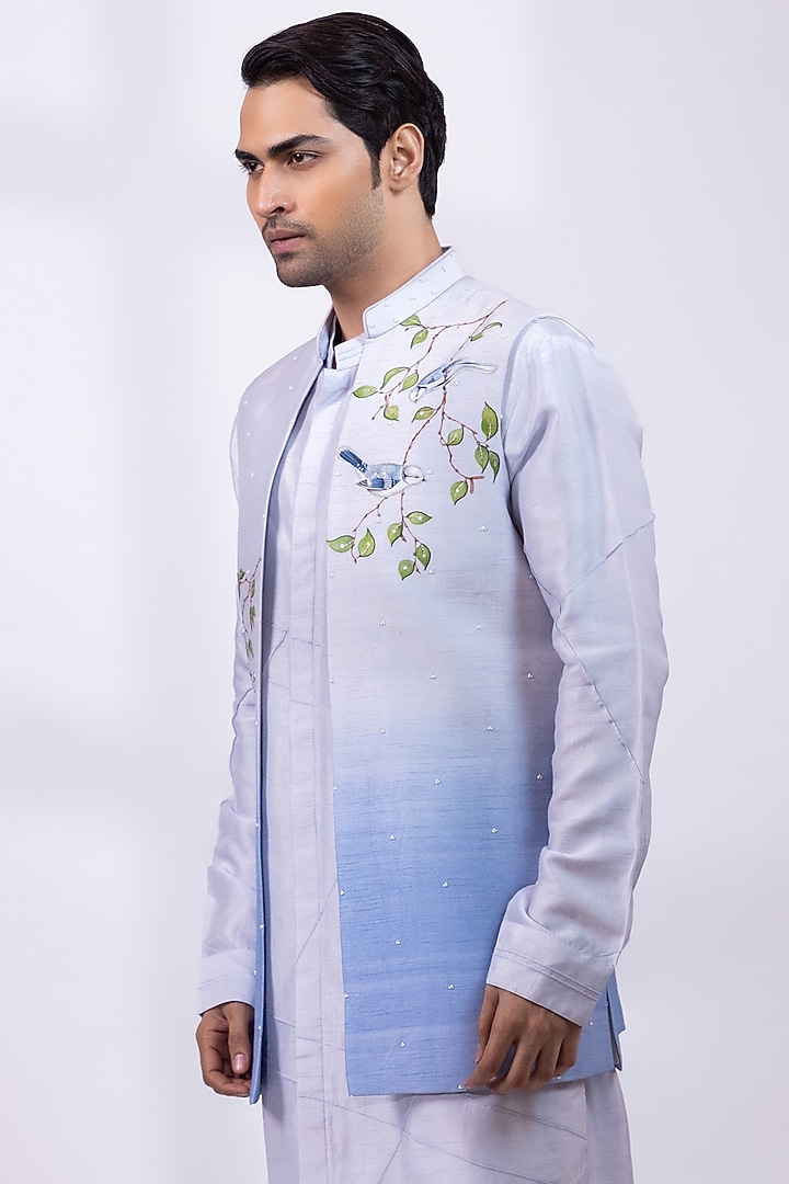 Powder Blue Silk Foliage Artwork Nehru Jacket Set by Smriti By Anju Agarwal Men at Pernia's Pop Up Shop