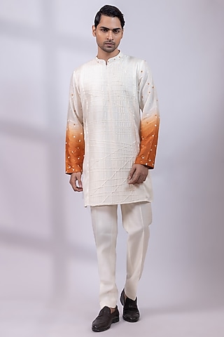 Ivory Silk Embroidered Ombre Kurta Set by Smriti By Anju Agarwal Men