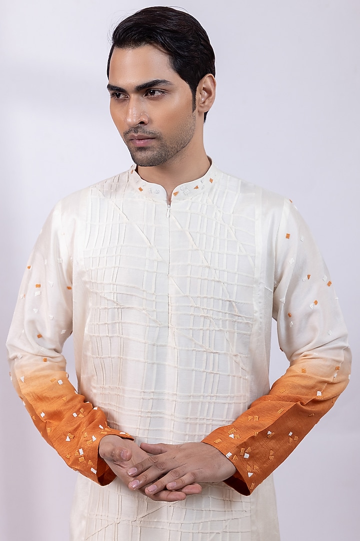 Ivory Silk Embroidered Ombre Kurta Set by Smriti By Anju Agarwal Men at Pernia's Pop Up Shop