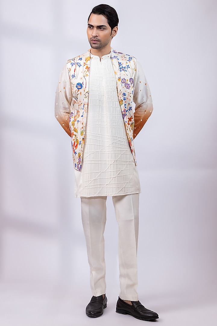 Ivory Silk Floral Printed & Embroidered Open Nehru Jacket by Smriti By Anju Agarwal Men at Pernia's Pop Up Shop