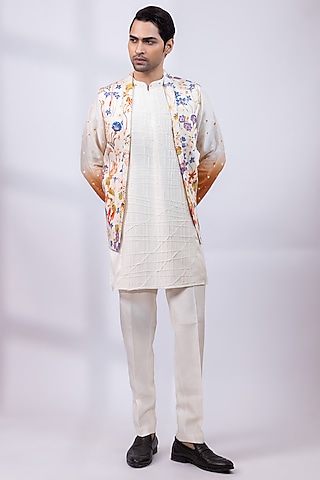 Ivory Silk Floral Printed & Embroidered Open Nehru Jacket by Smriti By Anju Agarwal Men