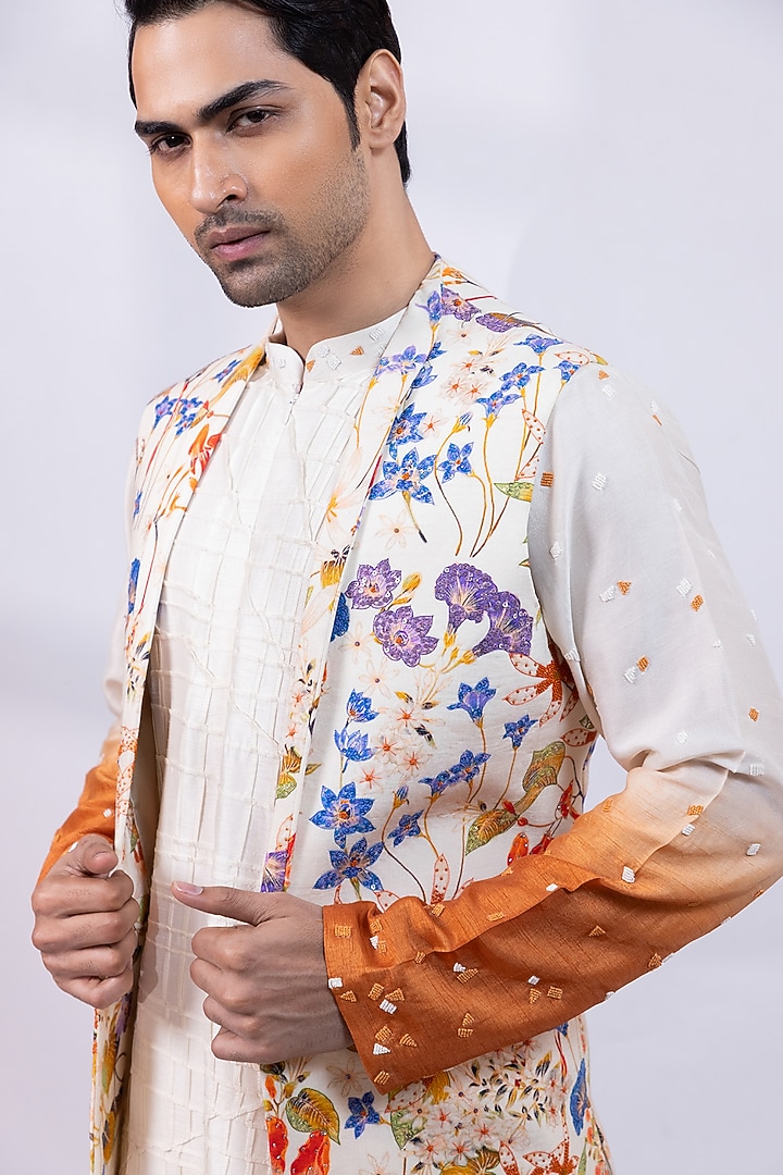 Ivory Silk Floral Printed & Embroidered Open Nehru Jacket by Smriti By Anju Agarwal Men at Pernia's Pop Up Shop