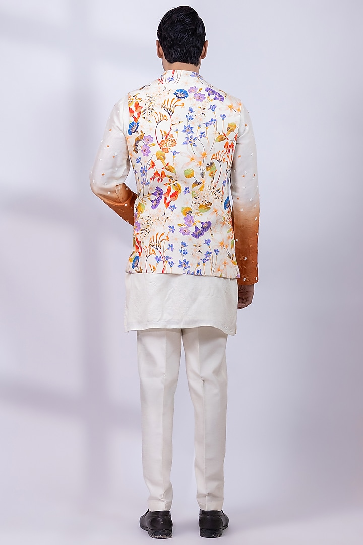 Ivory Silk Floral Printed & Embroidered Open Nehru Jacket Set by Smriti By Anju Agarwal Men at Pernia's Pop Up Shop