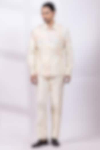 Cream Beige Silk Thread Embroidered Shacket Set by Smriti By Anju Agarwal Men at Pernia's Pop Up Shop