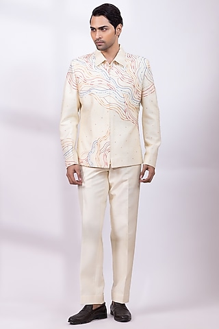 Cream Beige Silk Thread Embroidered Shacket Set by Smriti By Anju Agarwal Men