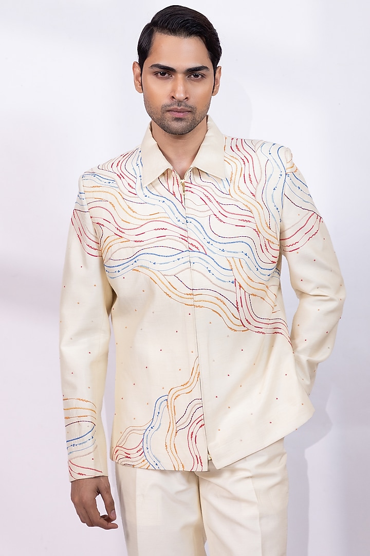Cream Beige Silk Thread Embroidered Shacket Set by Smriti By Anju Agarwal Men at Pernia's Pop Up Shop