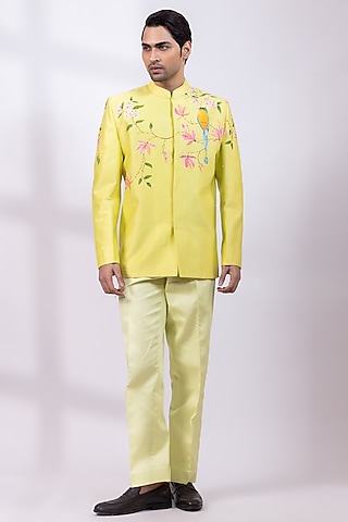 Parrot Green Chanderi Silk Handpainted Bandhgala Set by Smriti By Anju Agarwal Men