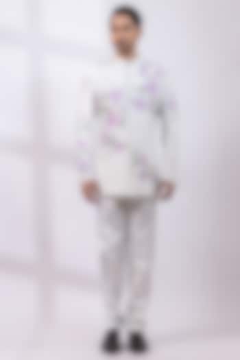 Greyish-White Silk Handpainted Wedding Bandhgala Set by Smriti By Anju Agarwal Men at Pernia's Pop Up Shop