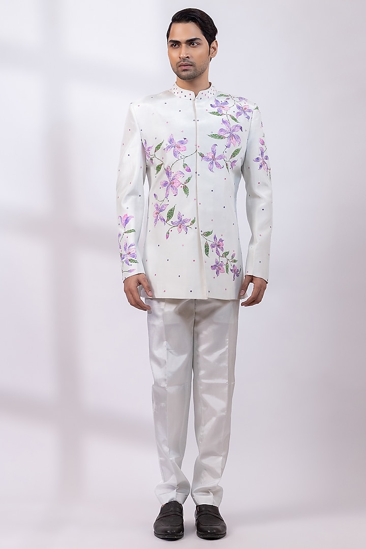 Greyish-White Silk Handpainted Wedding Bandhgala Set by Smriti By Anju Agarwal Men at Pernia's Pop Up Shop