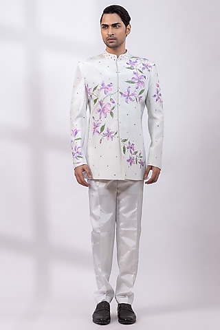 Greyish-White Silk Handpainted Bandhgala Set by Smriti By Anju Agarwal Men