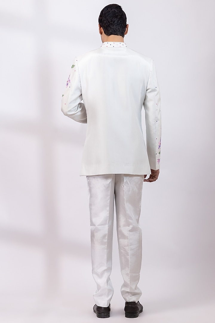 Greyish-White Silk Handpainted Wedding Bandhgala Set by Smriti By Anju Agarwal Men at Pernia's Pop Up Shop