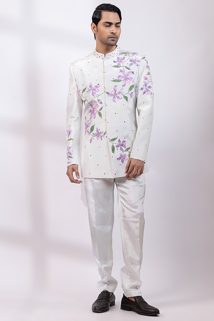 Greyish-White Silk Handpainted Wedding Bandhgala Set by Smriti By Anju Agarwal Men at Pernia's Pop Up Shop