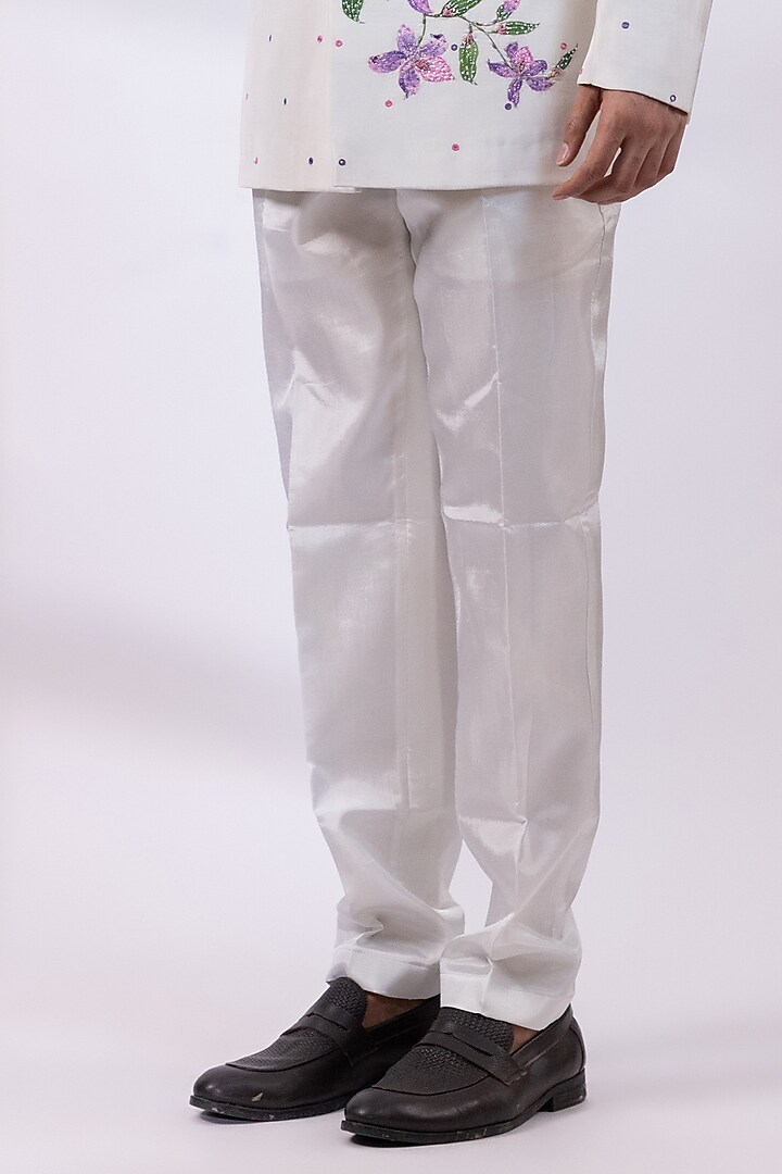 Greyish-White Silk Handpainted Wedding Bandhgala Set by Smriti By Anju Agarwal Men at Pernia's Pop Up Shop