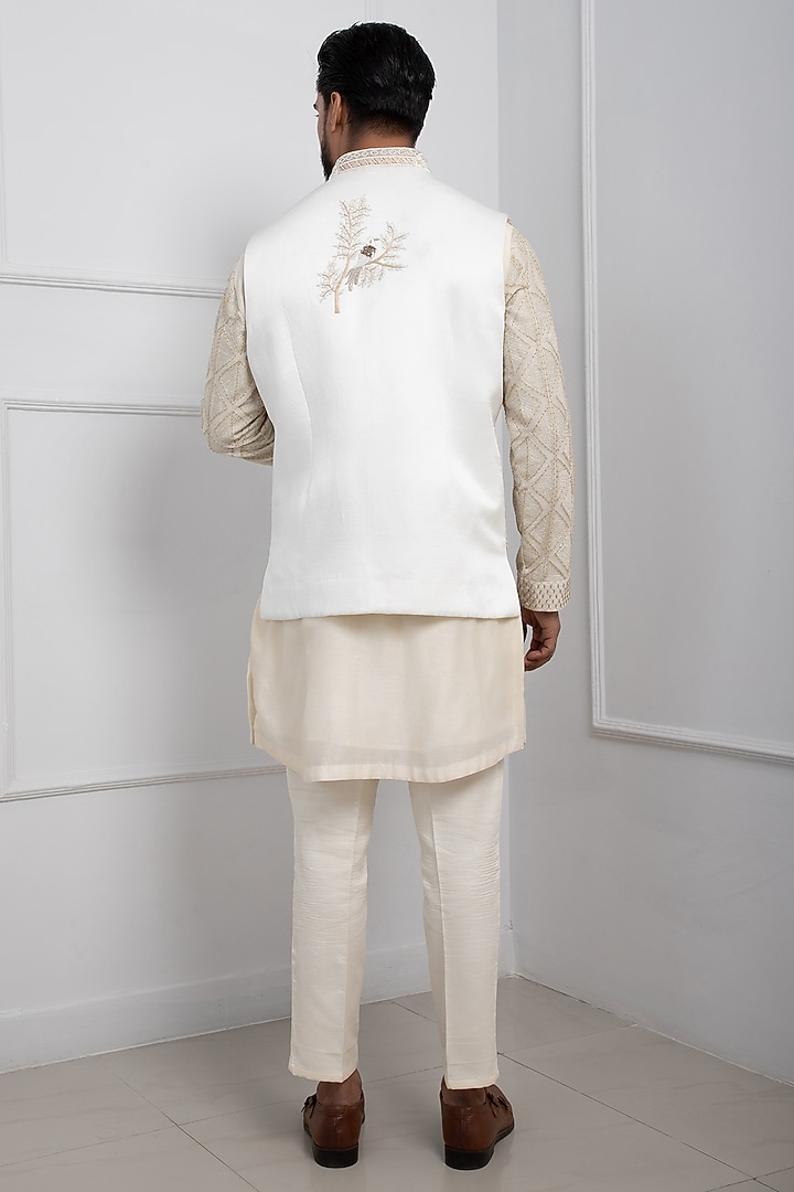 Ivory Silk Gold Embroidered Nehru Jacket Set by Smriti by Anju Agarwal Men at Pernia's Pop Up Shop