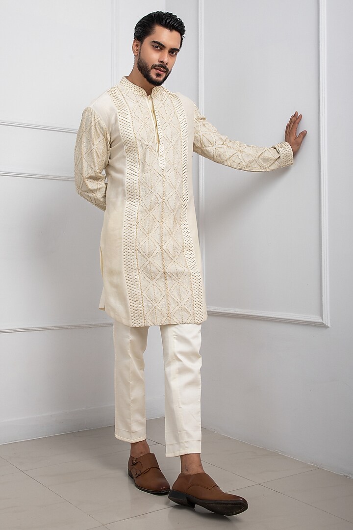 Ivory Silk Gold Embroidered Nehru Jacket Set by Smriti by Anju Agarwal Men at Pernia's Pop Up Shop