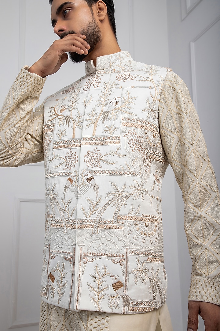 Ivory Silk Gold Embroidered Nehru Jacket Set by Smriti by Anju Agarwal Men at Pernia's Pop Up Shop