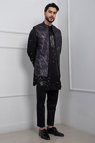 Dark Purple Linen Satin Mirror Embellished Indo-Western Jacket by Smriti by Anju Agarwal Men