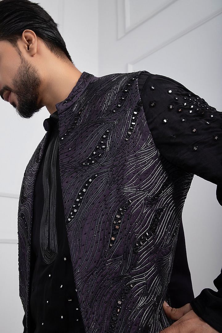 Dark Purple Linen Satin Mirror Embellished Indo-Western Jacket by Smriti by Anju Agarwal Men at Pernia's Pop Up Shop