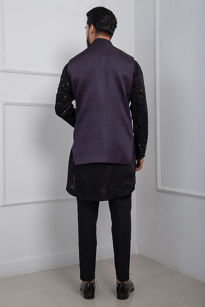 Dark Purple Linen Satin Mirror Embellished Indo-Western Jacket Set by Smriti by Anju Agarwal Men at Pernia's Pop Up Shop